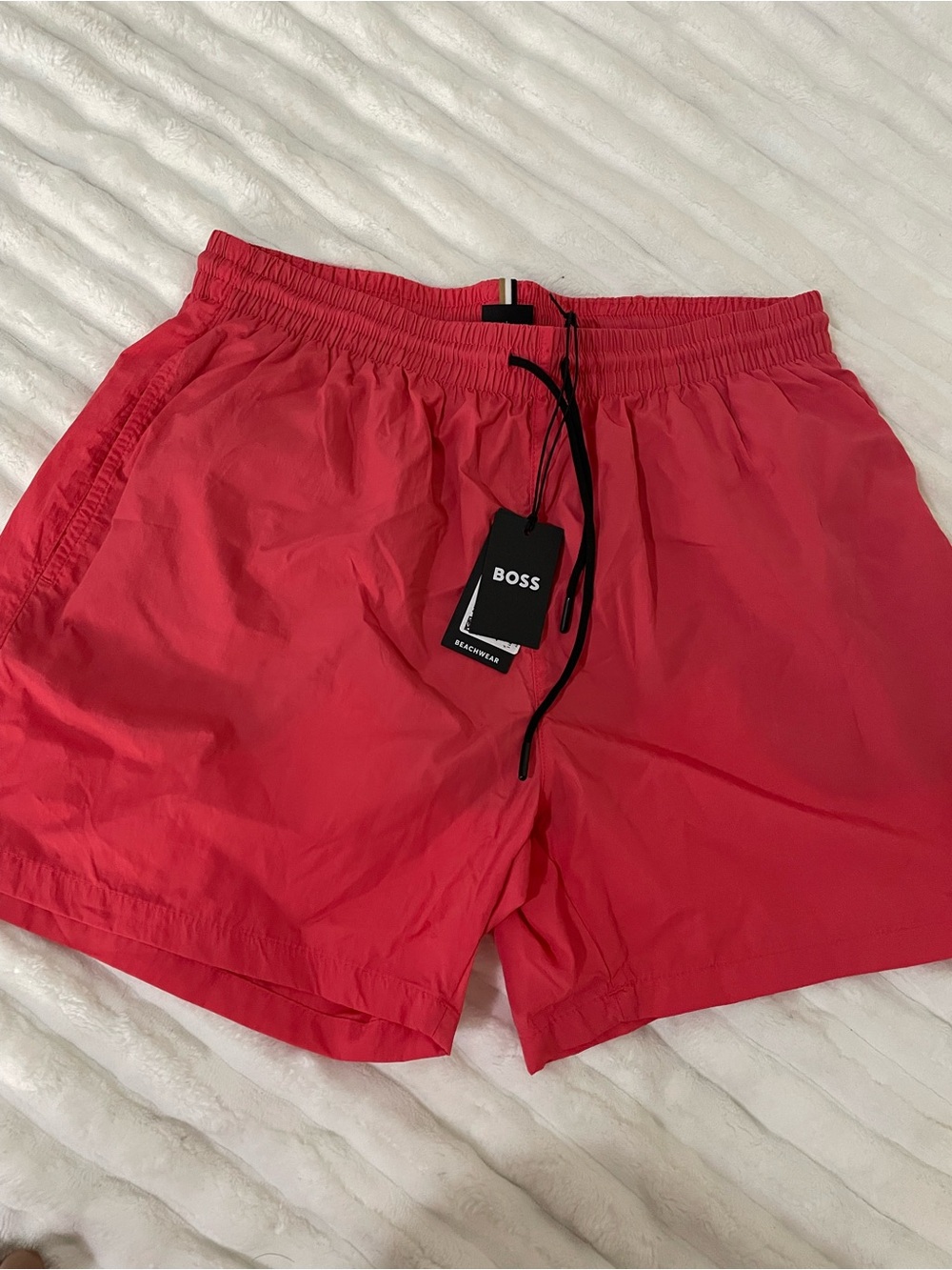 BOSS Men's Coral-Red Swim Trunks with Drawstring